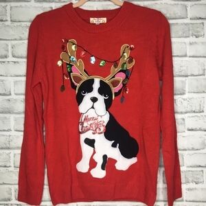 Women Boston Terrier With Antlers/lights Dog Christmas Knit Sweater Size Small